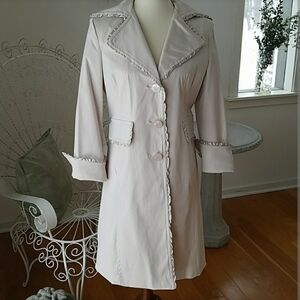 Nine West Beige Button Up Trench Coat Sz M Rain Jacket 3/4 Bell Sleeve Pockets